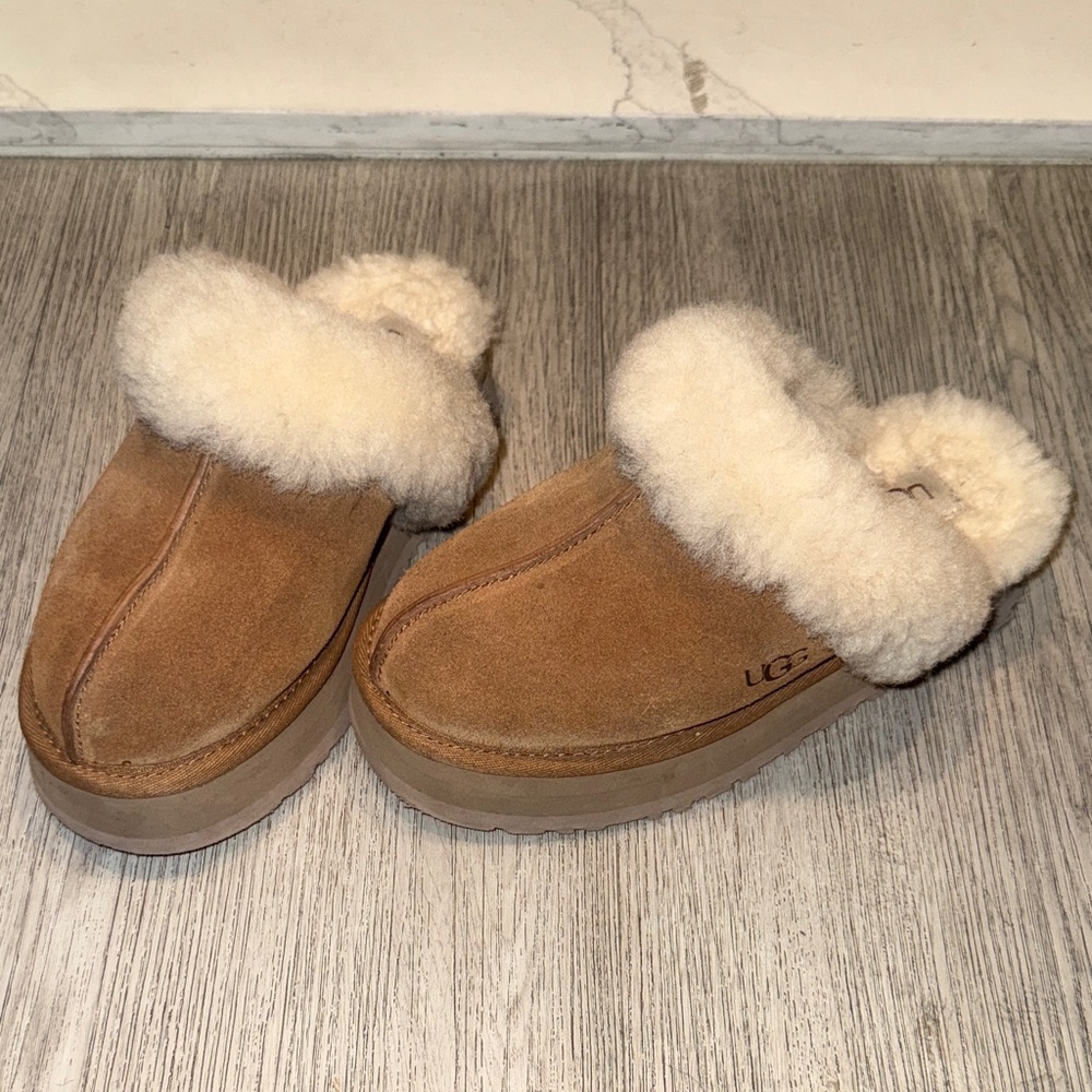 UGG Chestnut Suede Platform Clog Mules with Cream Shearling Trim